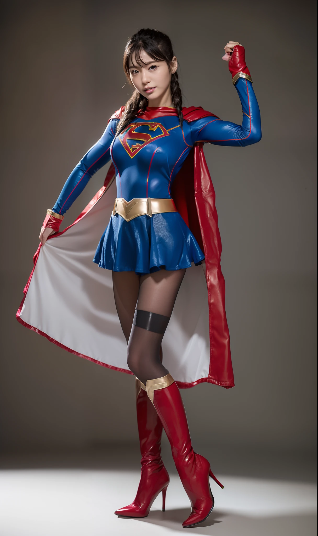 (((Make the most of the original image)))、(((Supergirl Costume)))、(((lustrous dark hair)))、(((Suffering)))、(((Wear black tights)))、((Thighs wear stockings all over the body))、((Top image quality、8K))、((top-quality、8K、​masterpiece:1.3))、Crisp focus:1.2、Beautiful woman with perfect body shape:1.4、Slender Abs:1.2、((layers-Cut、large boob:1.2))、a wet body:1.5、Highly detailed facial and skin texture、