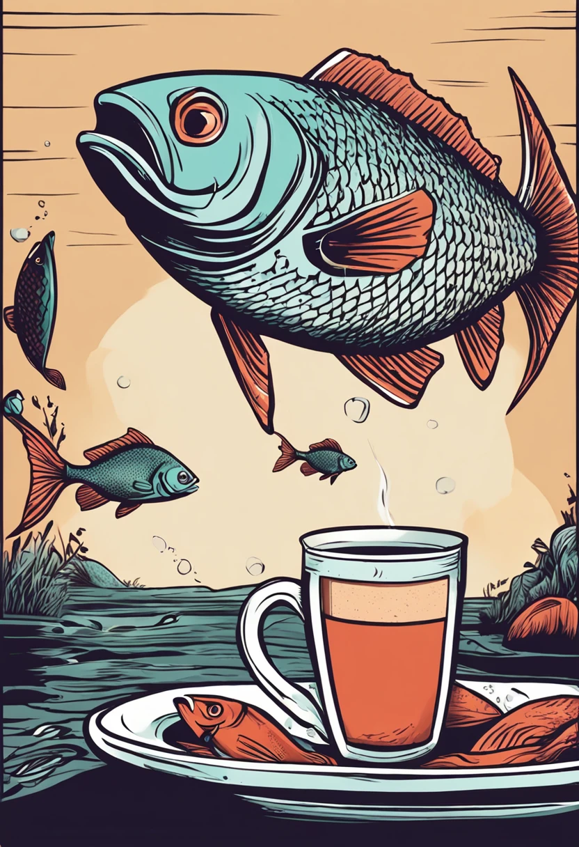 fish on table drinking coffee