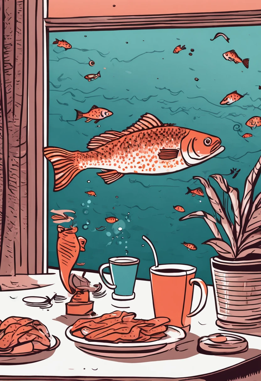 fish on table drinking coffee