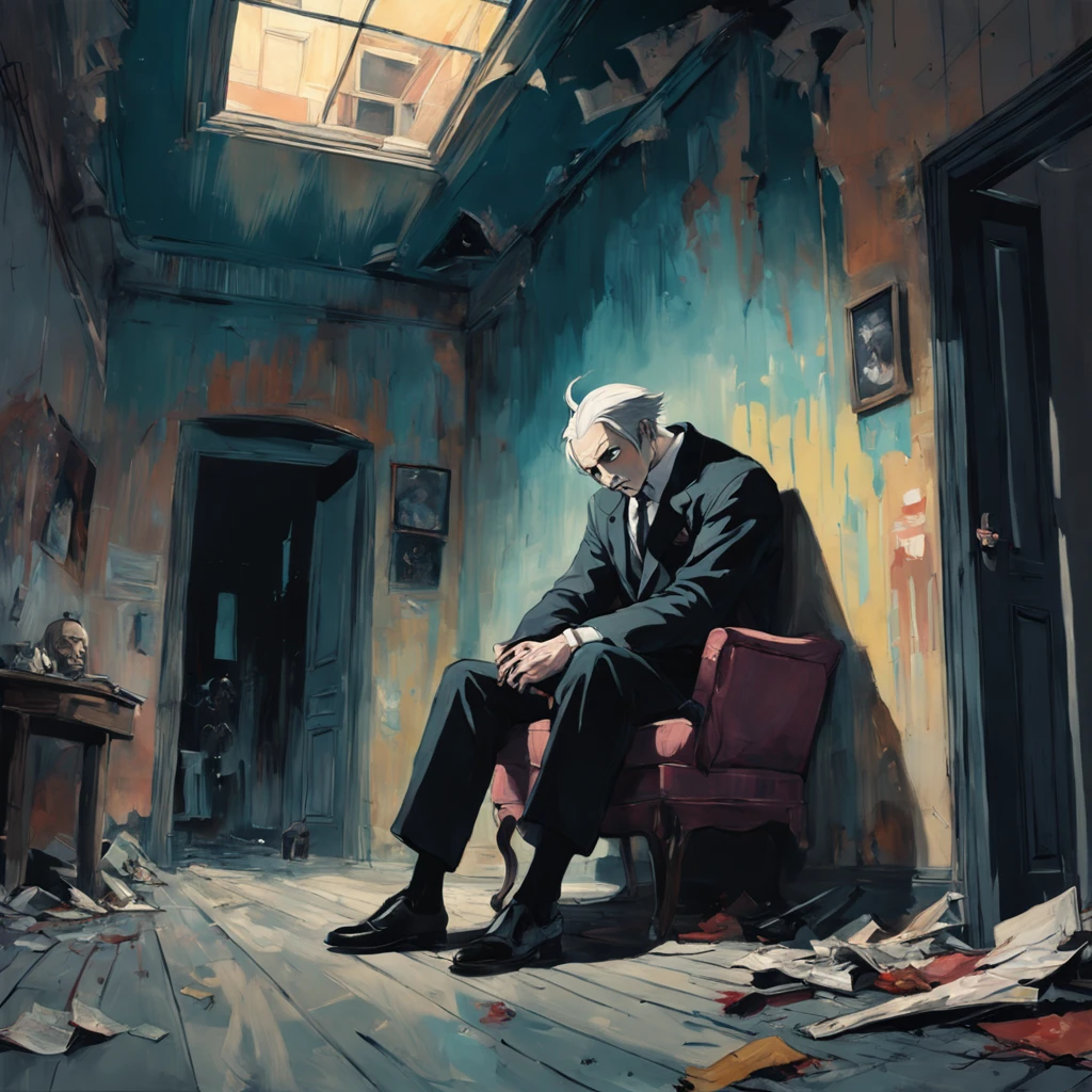 1homme assis en haut d'un immeuble dans une ville sombre. In the style of Adrian Ghenie, Esao Andrews, Jenny Saville, Edward Hopper, surrealism, Dark Art par James Jean, Takato Yamamoto, Minimalisme inkpunk. Dans le style Tim Burton. Dans le style Addams Family. Gothic.