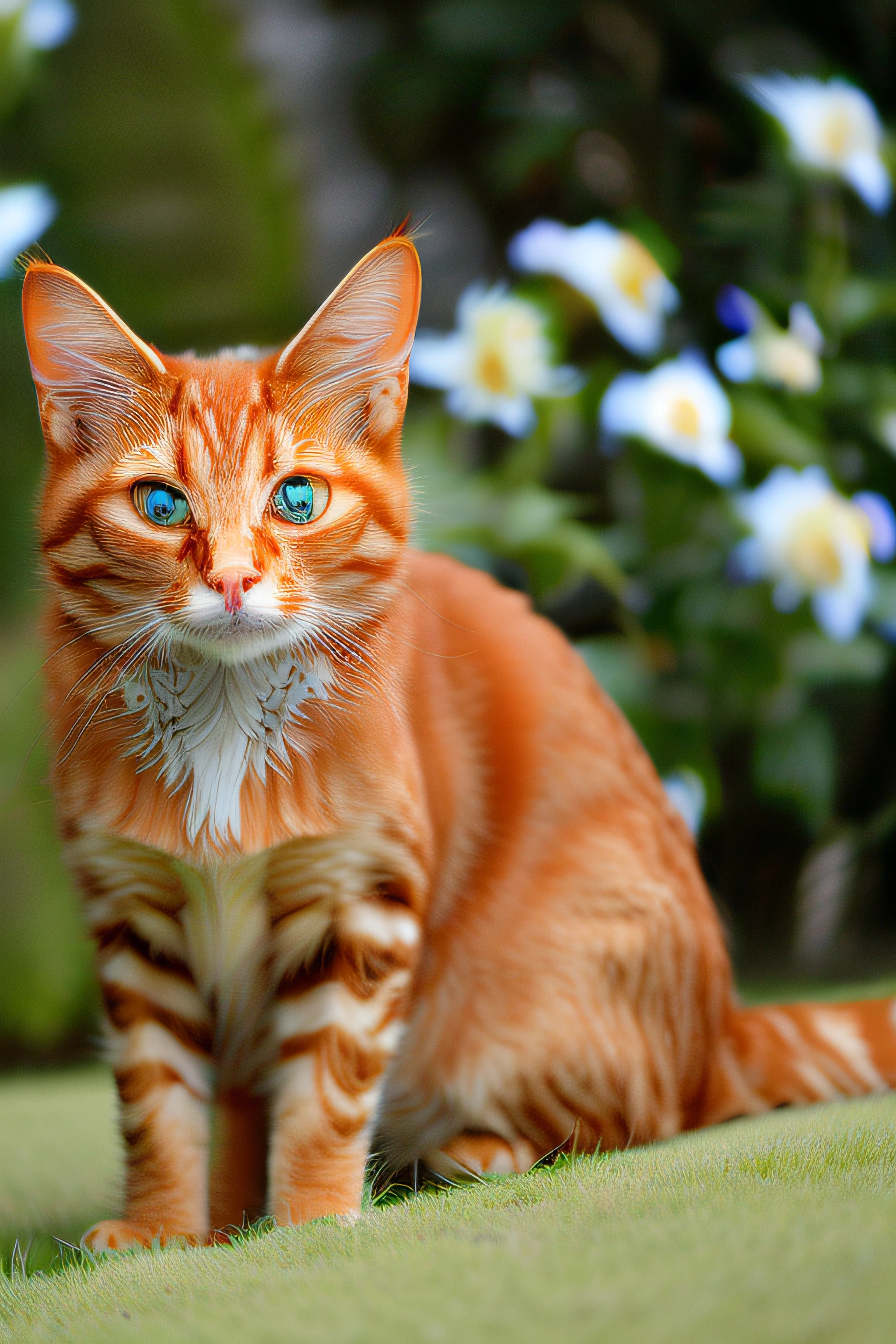 (There is a cat that is standing in the garden, foto de um gato, Um gato, awesome cat, tabaxi macho, fotografia de gatos, pet animal, rabo de gato, various posed, fazendo uma pose majestosa)