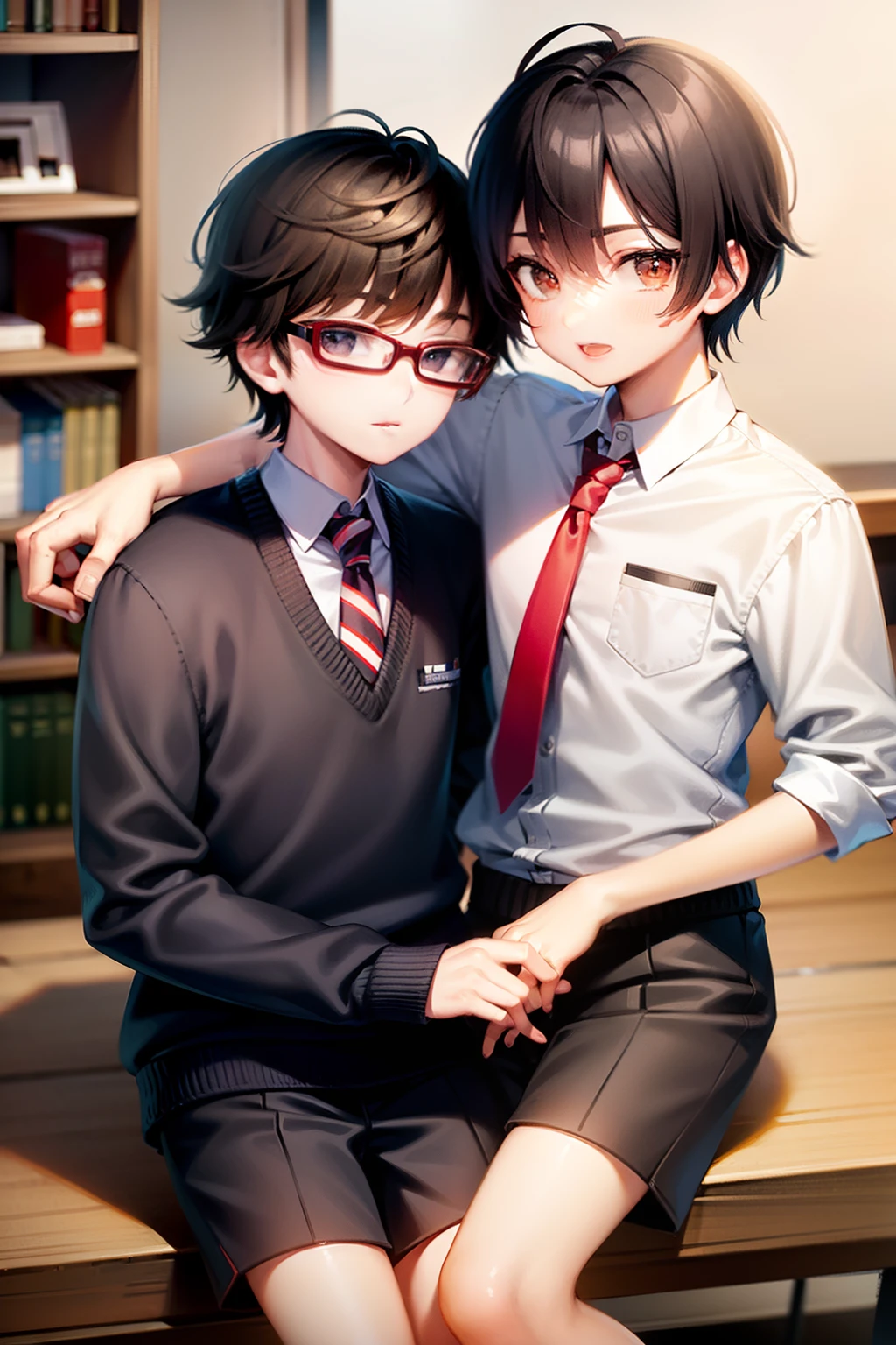 twinks　atlibrary　High school students　male child　neck tie　jpn　A dark-haired　short hair　eye glass　read a book