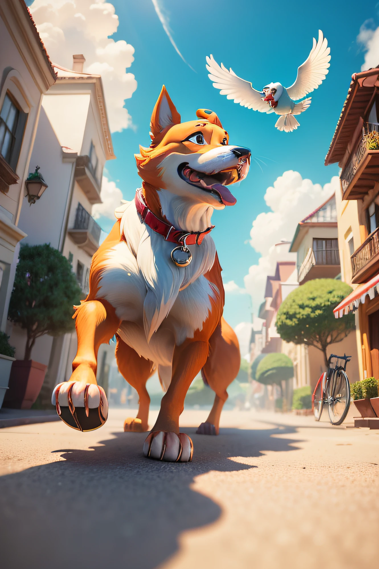 "Create a lively scene in a Disney cartoon style, featuring a 3D model of a dog enthusiastically chasing a bird. Use vivid colors to bring the characters to life against a crisp white background."