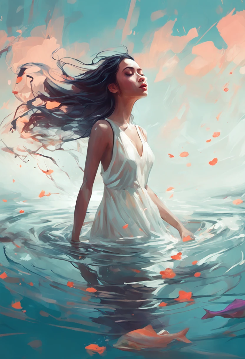 Woman in white dress floating in water, submerged in water, Popular on Artstration, floating drowned, Alice X. Zhang, Emotional sad painting, loish art style, Cyril Rolando, beautiful illustration, drowned, artwork in the style of guweiz, drowning, inspired by Cyril Rolando, loish and wlop