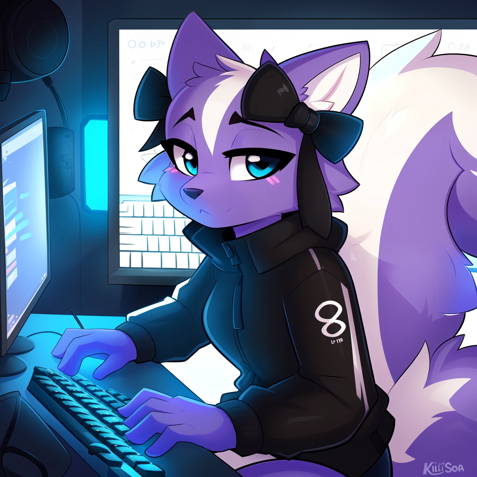 (by Kilinah, by Coffeesoda, by Hioshiru, by Kilinah), Shikabane, feminine, cute female purple furry skunk,cute ears, black goth jacket, sitting at a computer desk typing on a keyboard, a computer screen in front of her, close up, jitome:1.1, neutral expression, raised eyebrow, in a very dark room, lights off, luminous blue eyes, black bows in her hair, cute skunk tail, good anatomy, highly detailed, looking at viewer