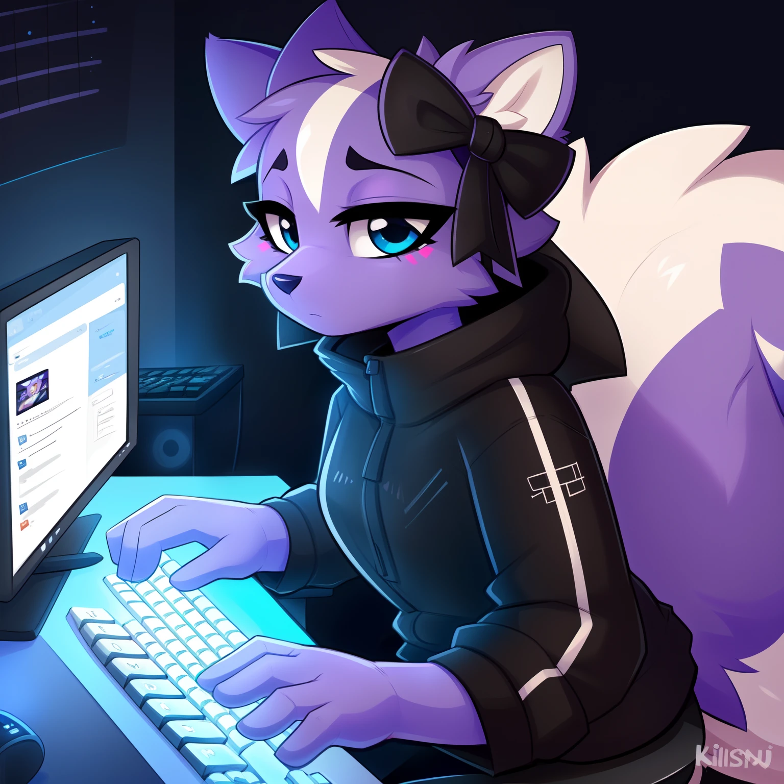 (by Kilinah, by Coffeesoda, by Hioshiru, by Kilinah), Shikabane, feminine, cute female purple furry skunk,cute ears, black goth jacket, sitting at a computer desk typing on a keyboard, a computer screen in front of her, close up, jitome:1.1, neutral expression, raised eyebrow, in a very dark room, lights off, luminous blue eyes, black bows in her hair, cute skunk tail, good anatomy, highly detailed, looking at viewer