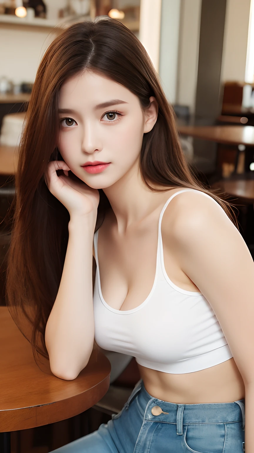 (Best quality, 8k, 32k, Masterpiece, UHD:1.2), Photo of Pretty Japanese woman,cowboy shot、
1girl,A beautiful woman with perfect body,sixteen years old、
Lori,(huge tit:1.2), (big eye:1.2), Pupil highlights, pronounced double eyelids, eye lashes,shinny skin、Beautiful delicate face、Beautiful delicate eyes,cute face,Detailed black eyes,Innocent eyes,(smile eyes:1.0),(cute little:1.2),blusher,
Slender abs beauty,slim thigh,cleavage of the breast,
Light brown hair,poneyTail,length hair,Hair Ribbon,Tank tops,Classroom