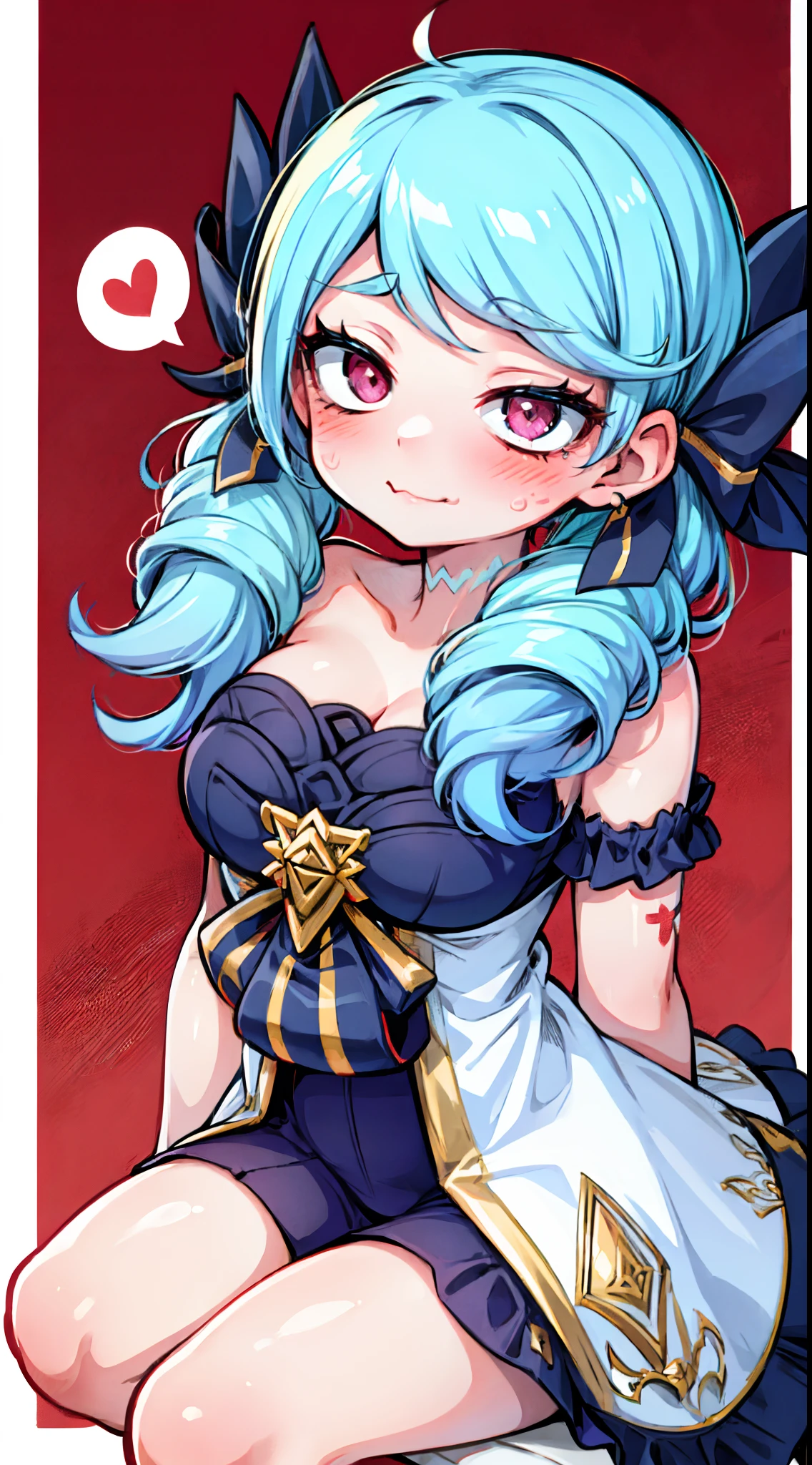 Gwen,White border on red background，Sitting down，Back view，Blush stickers，Long curly blue hair，dual horsetail，Huge bows on the sides of the hair，D-cups，ahegao，White top，Hell Whisperer style,Love background，Fleshy thighs，highly rendered，detailed face with