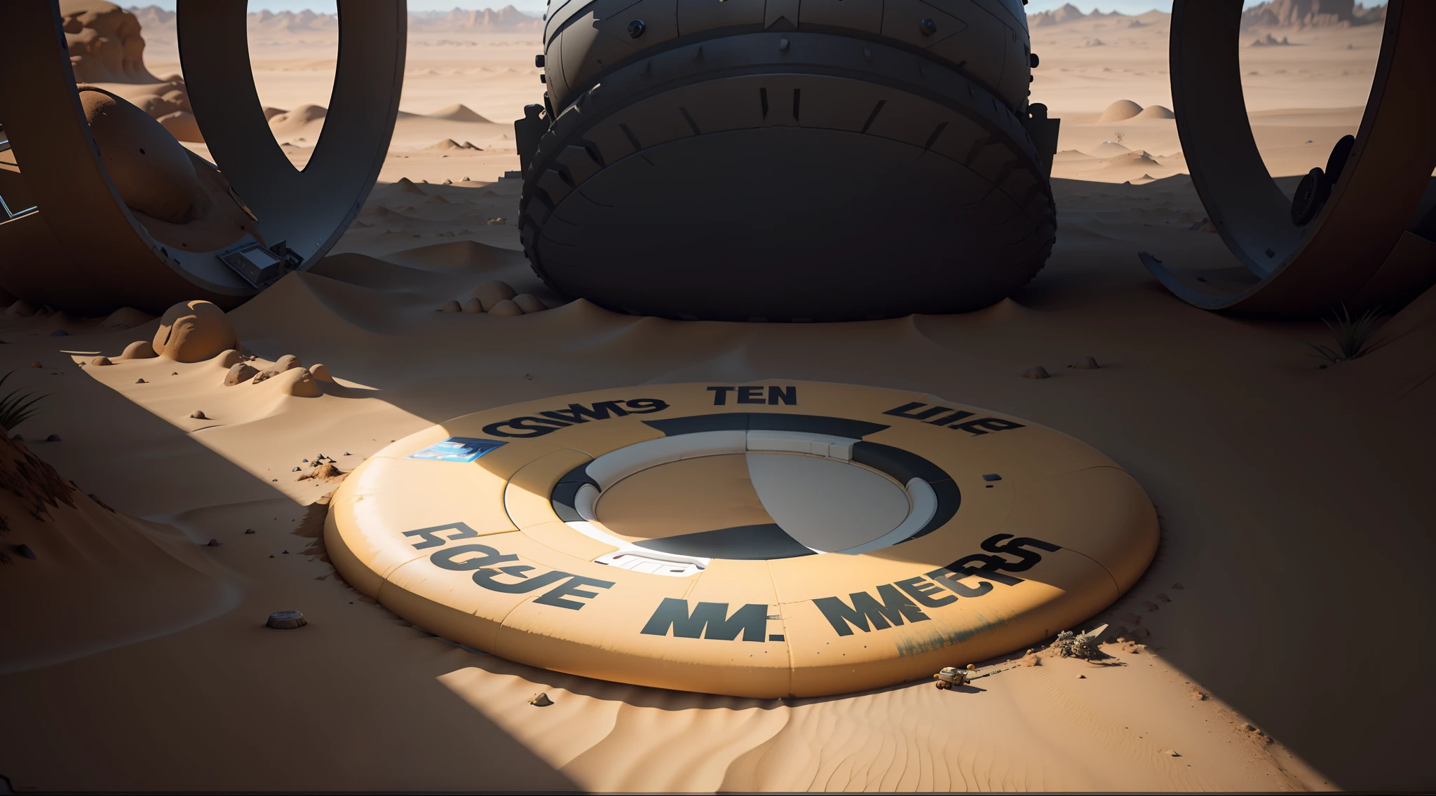 There's a frisbee that's lying on the floor and a tank is almost going over the top, Feito em Unreal Engine 5, feito em motor unreal, renderizado no Unreal Engine 5, stargate standing in desert, Criado em Unreal Engine 5, No filme Duna 2 0 2 1, No filme Duna, no meio do deserto, criado em octane render, renderizado no motor unreal, estilo dunar, duna