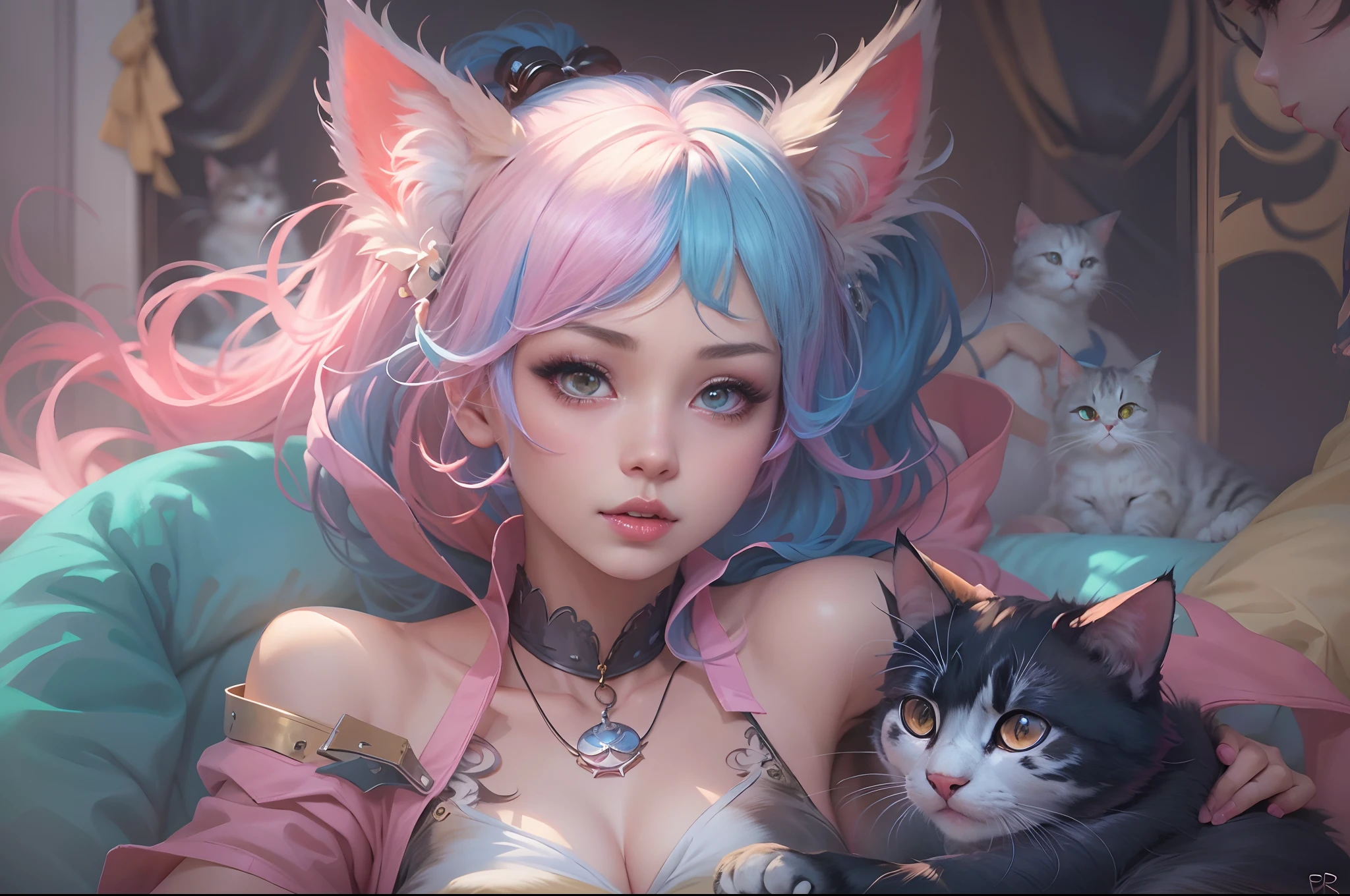 anime - style image of two women with pink and blue hair dressed in colorfull corset and cats, wlop and sakimichan, attractive cat girl, artwork in the style of guweiz, fantasy art style, 2. 5 d cgi anime fantasy artwork, fanart best artstation, by Yang J, trending on cgstation, wlop and ross tran, guweiz
Preparing