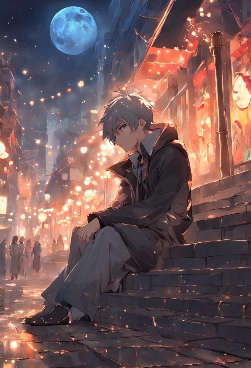 Elegant young man,Gaze at the late night city,Witness the full moon under the brilliant light,Create scenes of your own paintings。