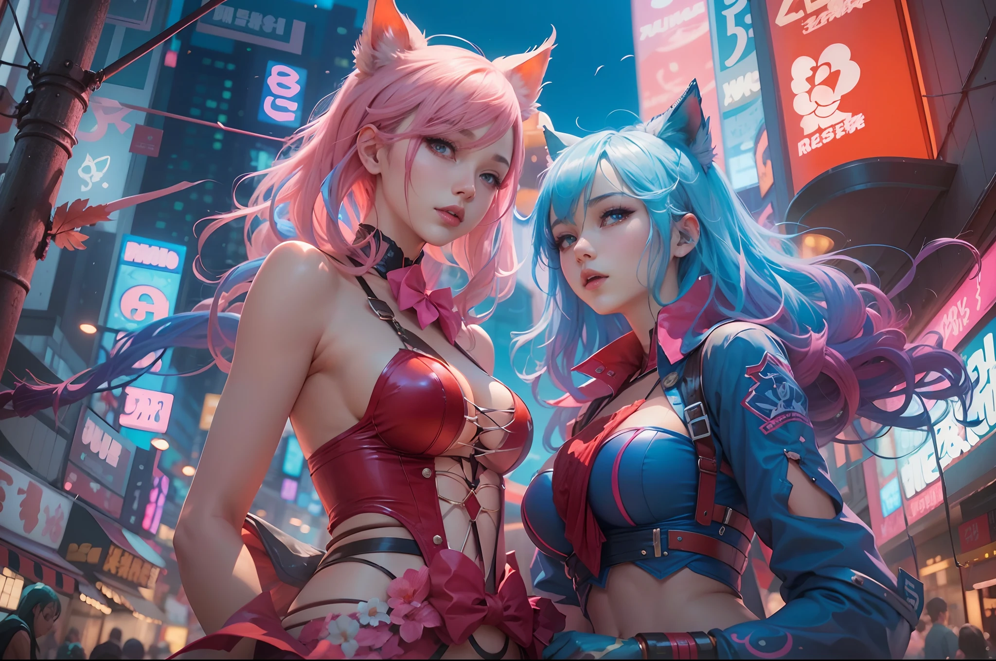 anime - style image of two women with pink and blue hair dressed in red and blue corset, posing in Akihabara for a foto shooting, Captured from worm's eye view, 4 meters distance to viewer, wlop and sakimichan, attractive cat girl, artwork in the style of guweiz, fantasy art style, 2. 5 d cgi anime fantasy artwork, fanart best artstation, by Yang J, trending on cgstation, wlop and ross tran, guweiz