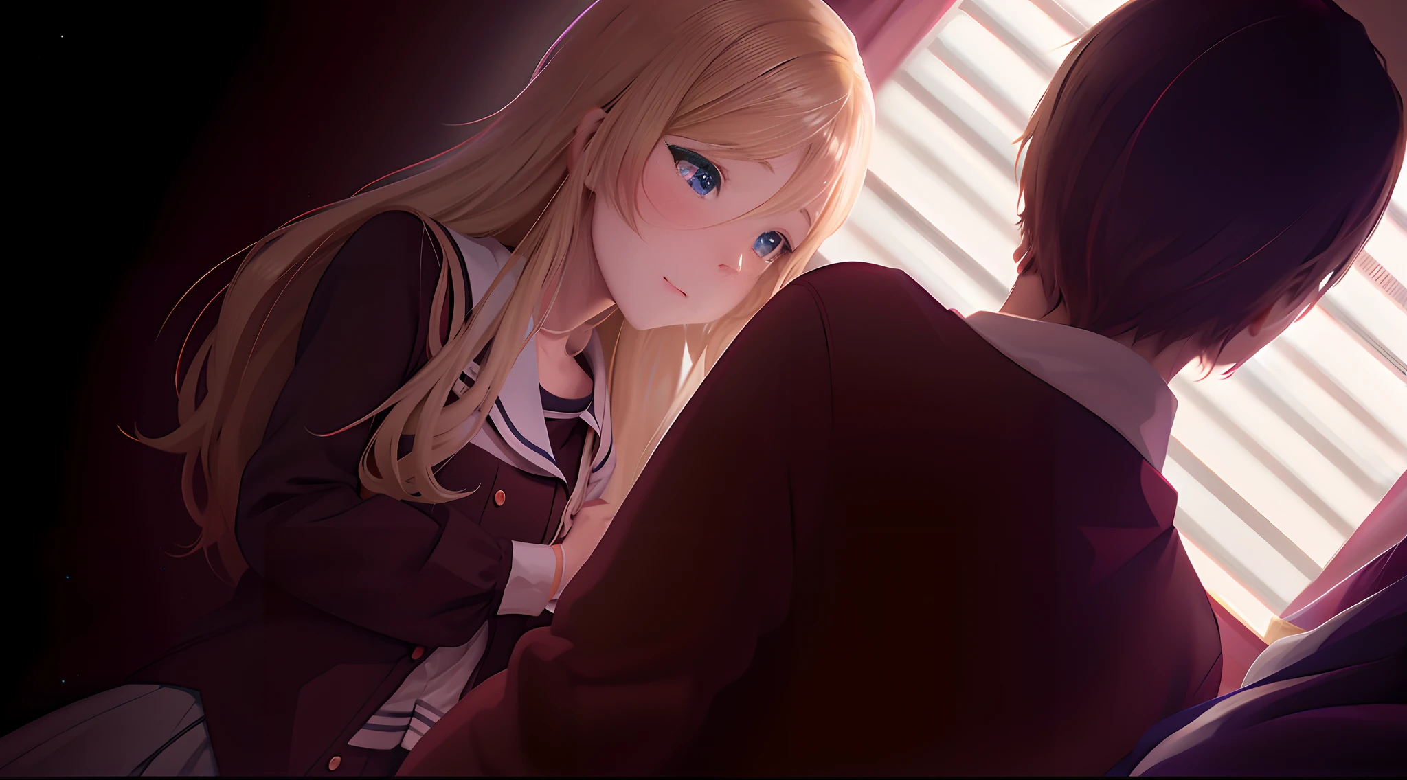 Anime girl looking at another girl in a dark room, the anime. soft-lighting, smooth anime cg art, blonde anime girl with long hair, anime girls, Schoolgirl girl, Anime style, Schoolgirl girl, beautiful anime high school girl, Anime schoolgirl, soft anime illustration, Anime art