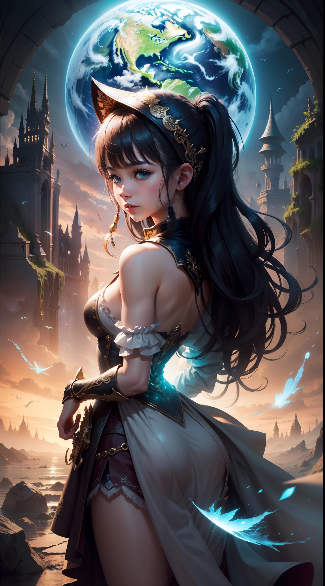 Above the rising clouds,Night, Dark, (Fantasy),infinite,deep blue sky,The abyss of knowledge,Cowledge,((masutepiece)), (((Best Quality))),((Beautiful fine eyes)),(Eye lashes)、Realistic clouds、Very beautiful face、The ultra -The high-definition、high fantasy castle、Beautiful girl with a huge golem、(1人)、Black hair、The long-haired、abyss eyes、glowy skin、oils、small tits、Perfect human body structure、Wizard robes、der riese、tattered cloth、Realistic coat、Tee、Super delicate CG Unity 32k wallpaper、photoRealstic、masterpiece, ((ultra-detailliert)), ((illustratio)),colourfull,wall-paper,The energy,Unknown terror,Incomprehensible,Around the magic,Magical surroundings,magic wands,Boken,Flying pages,Know everything,Predict the future、Get to know the past、Infinite wisdom、blue flames、Warlock、magic circles、Pentagram、Spells、mantra、Singing magic