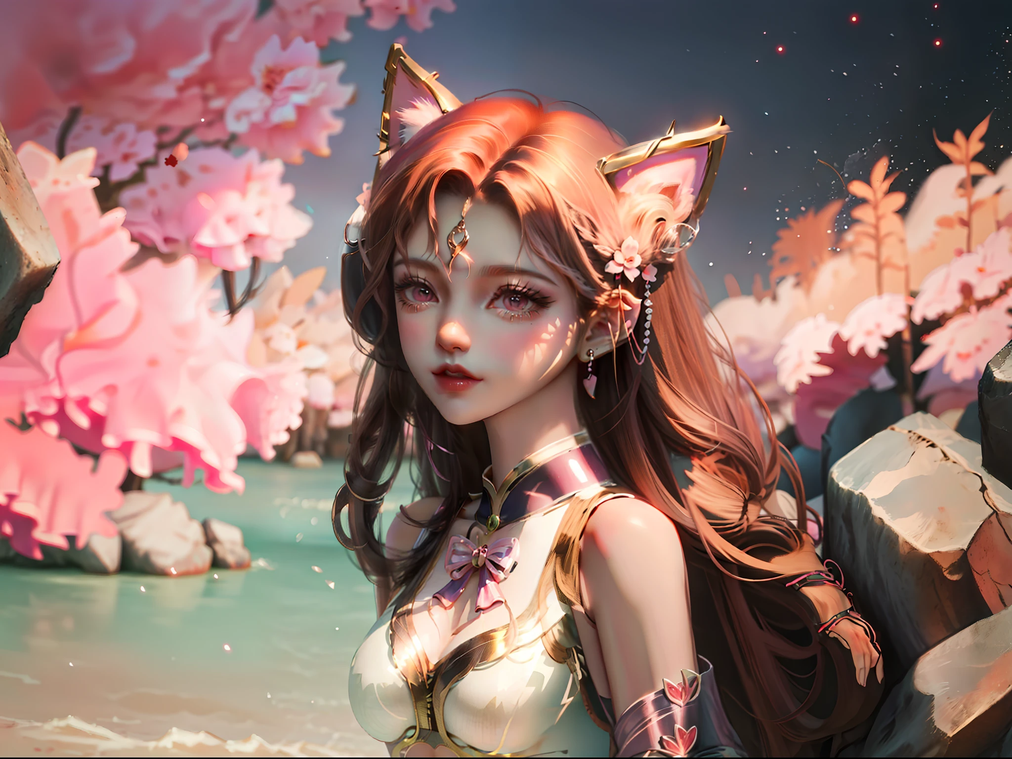 Cute cat girl in cute pink dress standing on a rock