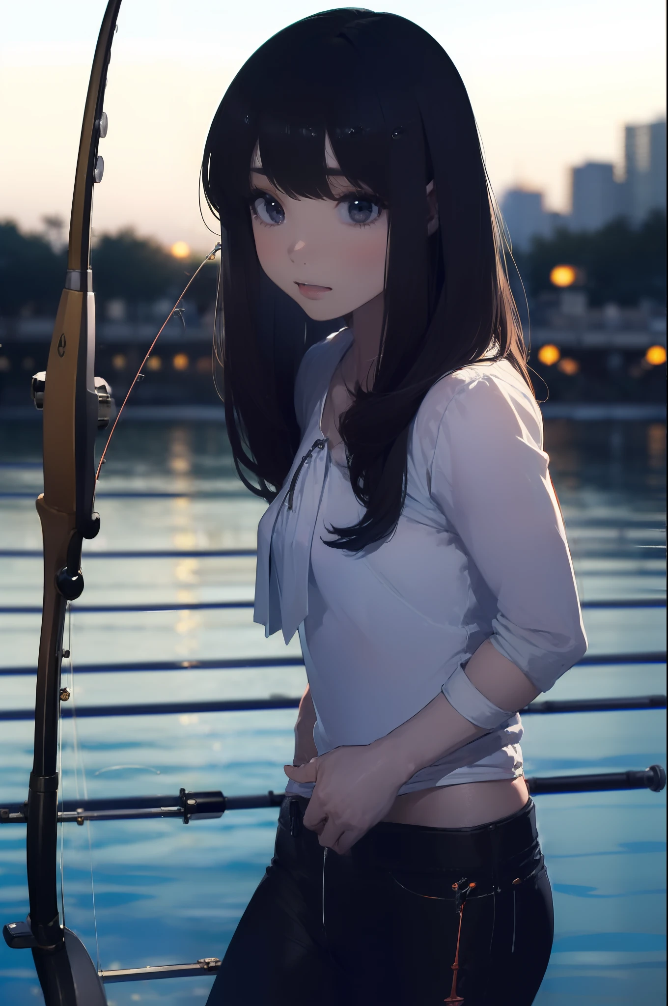 ((((having a fishing rod with a reel by the lakeside:1.5)))),((Female 28 years old)),((Best Quality:1.5)),(((Hands with the correct number and structure of fingers:1.4))),((Big fish:1.37)),hight resolution,ultra-detailliert,masterpiece,best qualtiy,(Eight-headed body),Black hair, long eyes-lashes, Solid Circle Eyes, drop shadow, Atmospheric perspective,Super Detail, ccurate, small brest,(Black jacket and black jeans :1.1),top-quality, blurry backround, bokeh dof:1.2, (masterpiece:1.3), Atmospheric perspective,Super Detail,dynamic compositions,