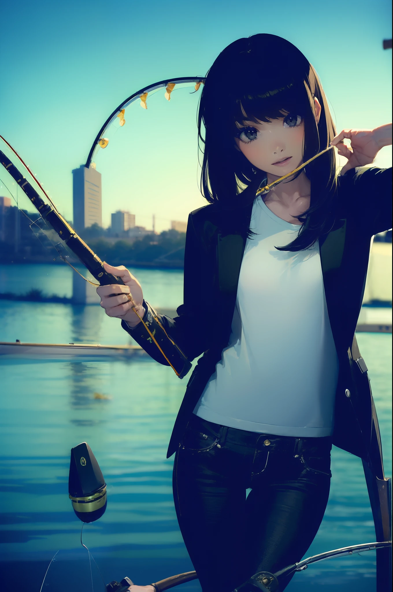 ((((having a fishing rod with a reel by the lakeside:1.5)))),((Female 28 years old)),((Best Quality:1.5)),(((Hands with the correct number and structure of fingers:1.4))),((Big fish:1.37)),hight resolution,ultra-detailliert,​masterpiece,best qualtiy,(Eight-headed body),Black hair, long eyes-lashes, Solid Circle Eyes, drop shadow, Atmospheric perspective,Super Detail, ccurate, small brest,(Black jacket and black jeans :1.1),top-quality, blurry backround, bokeh dof:1.2, (​masterpiece:1.3),  Atmospheric perspective,Super Detail,dynamic compositions,