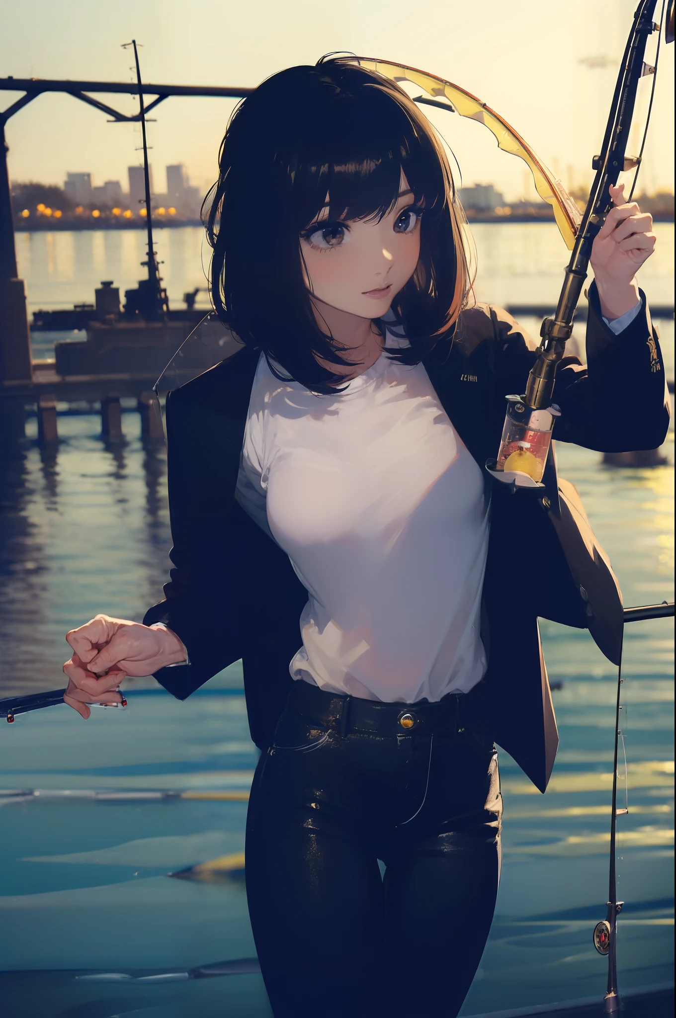 ((((having a fishing rod with a reel by the lakeside:1.5)))),((Female 28 years old)),((Best Quality:1.5)),(((Hands with the correct number and structure of fingers:1.4))),((Big fish:1.37)),hight resolution,ultra-detailliert,​masterpiece,best qualtiy,(Eight-headed body),Black hair, long eyes-lashes, Solid Circle Eyes, drop shadow, Atmospheric perspective,Super Detail, ccurate, small brest,(Black jacket and black jeans :1.1),top-quality, blurry backround, bokeh dof:1.2, (​masterpiece:1.3),  Atmospheric perspective,Super Detail,dynamic compositions,