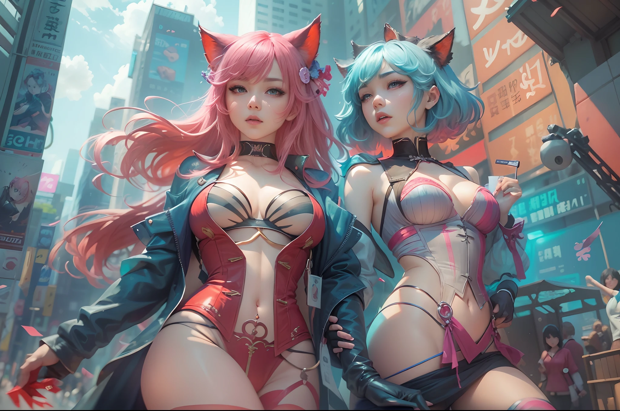anime - style image of two women with pink and blue hair dressed in red and blue corset, posing in Akihabara for a foto shooting, Captured from worm's eye view, 3 meters distance to viewer, wlop and sakimichan, attractive cat girl, artwork in the style of guweiz, fantasy art style, 2. 5 d cgi anime fantasy artwork, fanart best artstation, by Yang J, trending on cgstation, wlop and ross tran, guweiz
