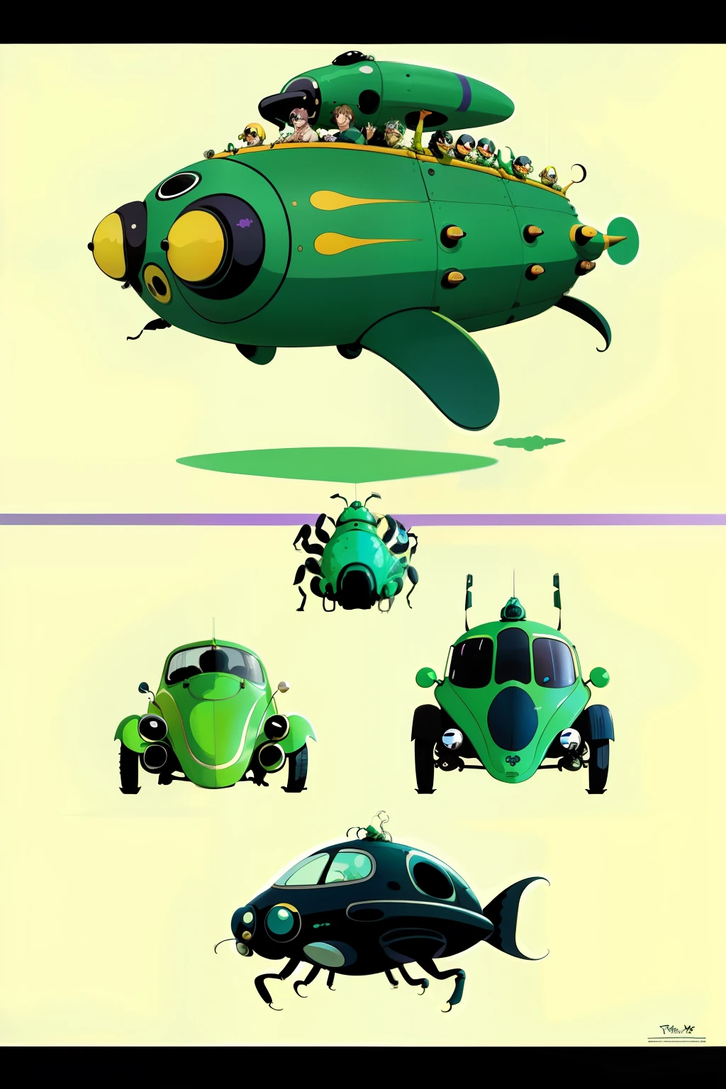 The beetles on a green submarine, beetles, Beatles, chaos, concept art, 4k, in the style of peter max