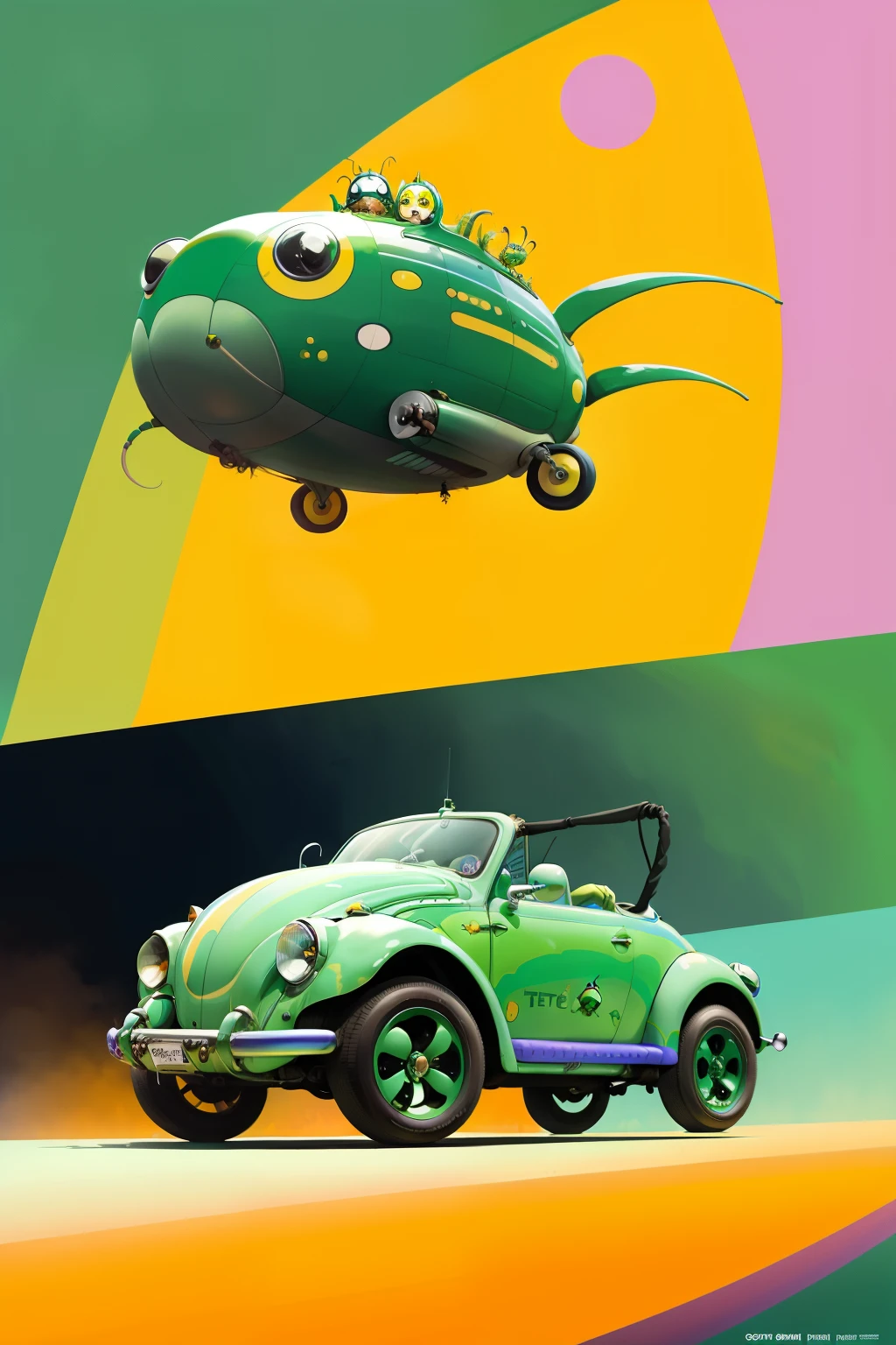 The beetles on a green submarine, beetles, Beatles, chaos, concept art, 4k, in the style of peter max