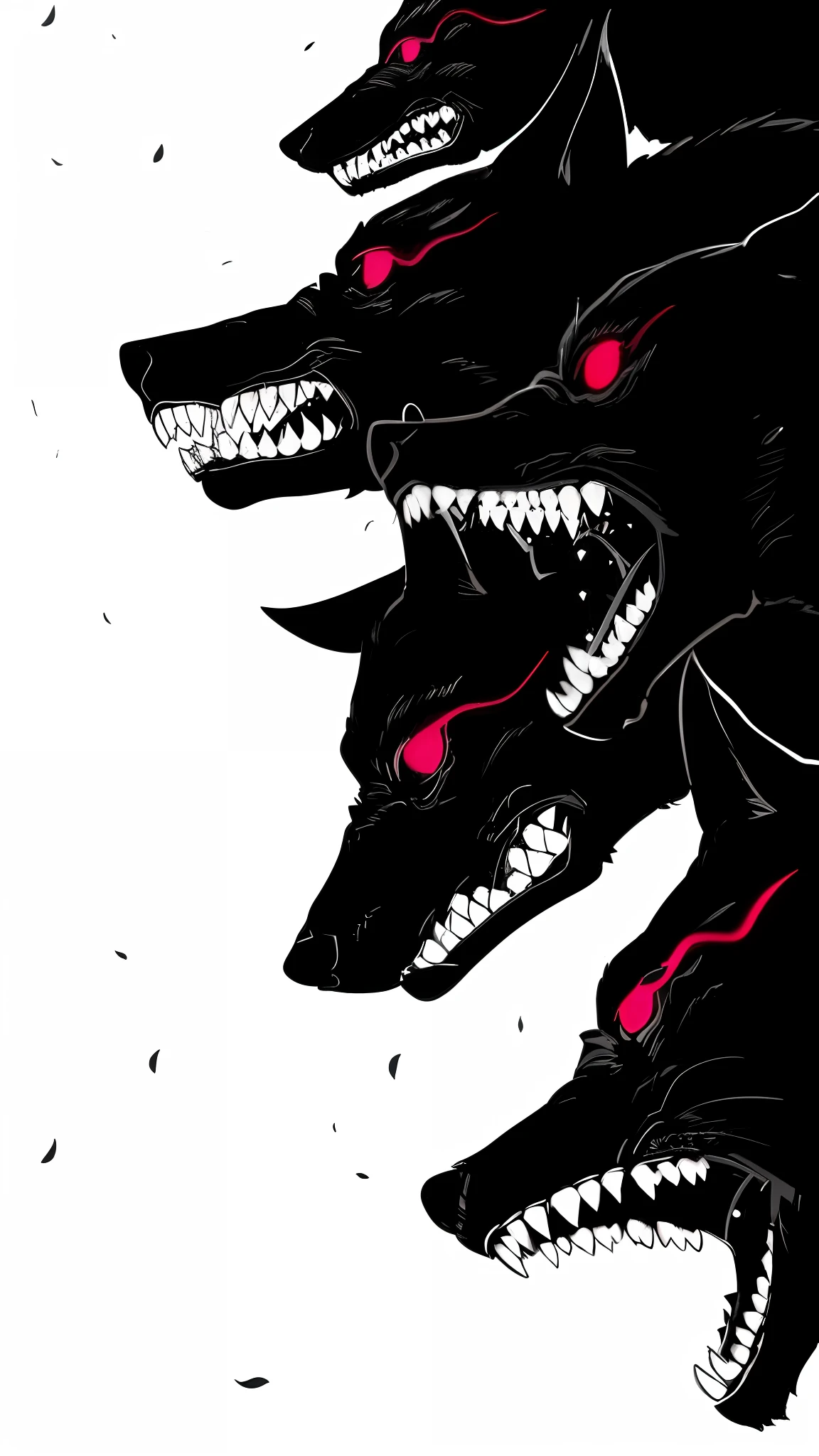 A closeup of a group of black and red dogs with fangs, cerbero, Hellhounds, com olhos vermelhos brilhantes, com presas, horror wallpaper aesthetic, pointed teeth and several eyes, simetria!! Retrato de Hades, Presas, estilo de arte escuro, lobo, com olhos vermelhos brilhantes, Estilo de arte Berserk, obscuro, Pack, right-to-left direction.