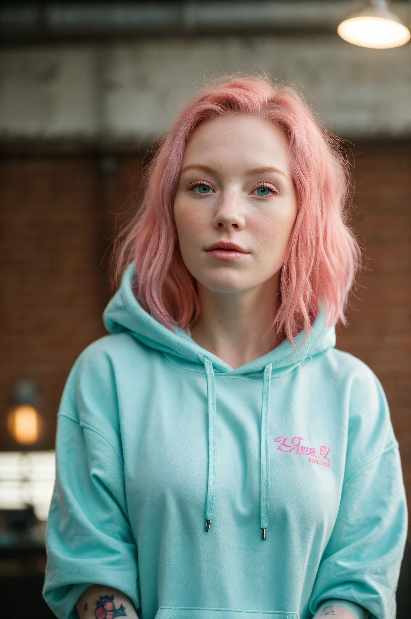 (close-up editorial photo of 20 yo woman, wearing hoodie, looking at viewer, pink hair, solo, tattoo on face, upper body, detailed background, town, alley) (standing:1.2) (dim lit room:1.4)  POV, by lee jeffries, nikon d850, film stock photograph ,4 kodak portra 400 ,camera f1.6 lens ,rich colors ,hyper realistic ,lifelike texture, dramatic lighting , cinestill 800,