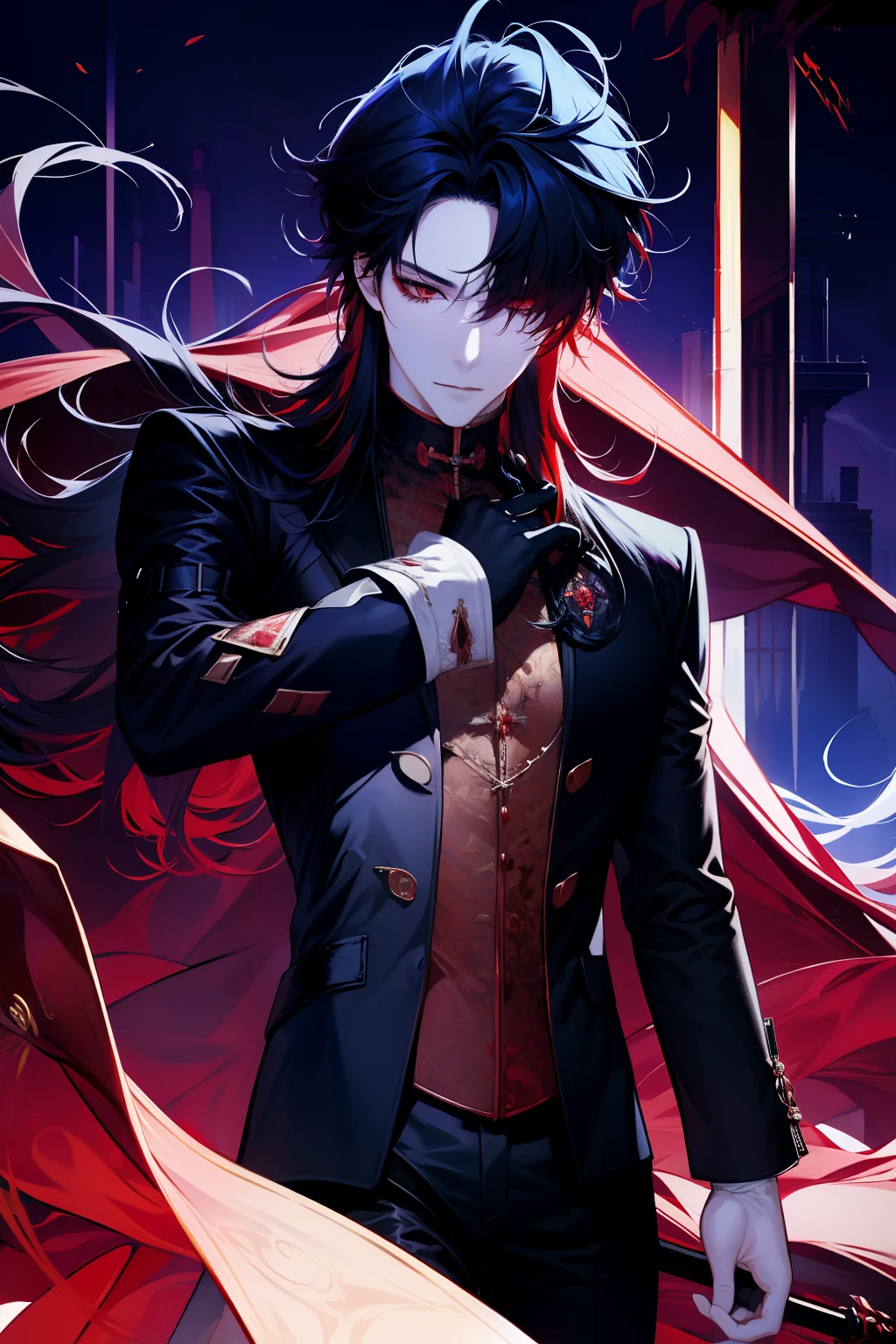 Masterpiece, Best Quality), 1 male, Adult, a handsome, hairlong, red eyes, black catsuit, Spike, forehead, upper-body, Vampire, mansion, Dark, moon light, dutch angle, Mysterious atmosphere, Fantasy, The effect of superpower, Blood effect