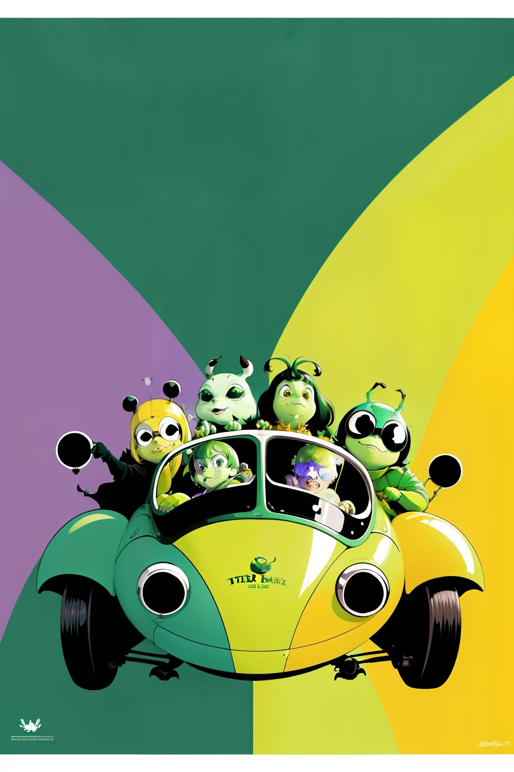 The beetles on a green submarine, beetles, Beatles, chaos, concept art, 4k, in the style of peter max