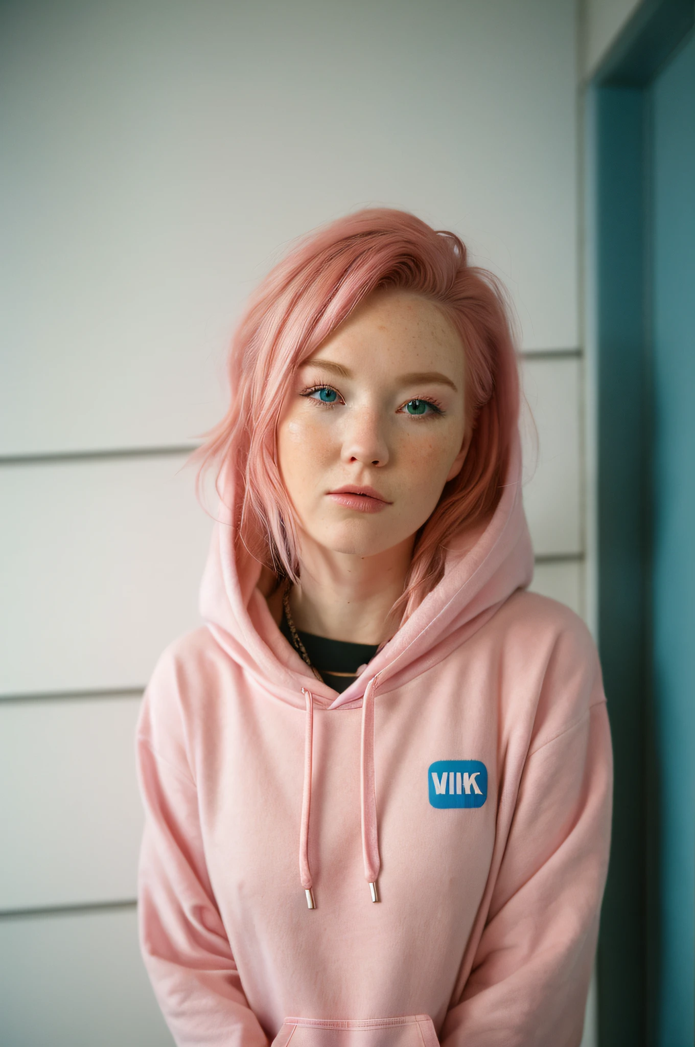 (close-up editorial photo of 20 yo woman, wearing hoodie, looking at viewer, pink hair, solo, tattoo on face, upper body, detailed background, town, alley) (standing:1.2) (dim lit room:1.4)  POV, by lee jeffries, nikon d850, film stock photograph ,4 kodak portra 400 ,camera f1.6 lens ,rich colors ,hyper realistic ,lifelike texture, dramatic lighting , cinestill 800,