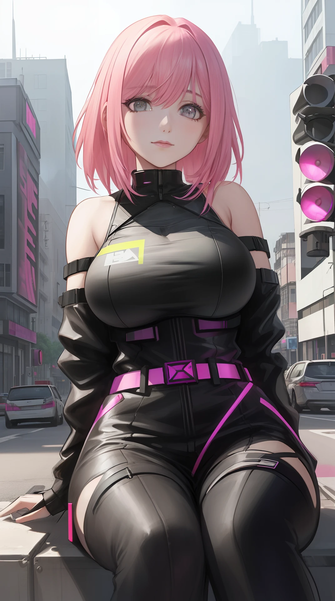 A woman with pink hair and a black blouse sits on a city street，Traffic lights in the background, Art germ, Anime art, Cyberpunk art of a, Photorealism, 1girll, bangs,Naked female big breast , skyscraper, Solo, tanks_Top