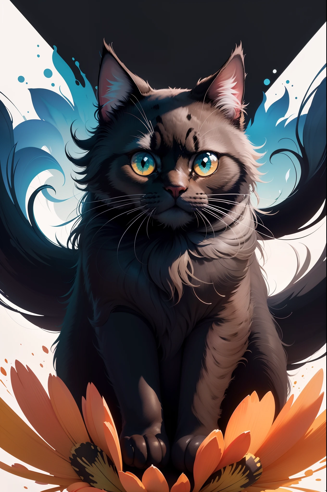 vector t-shirt art ready for colorful flowers of cute black cat, frontal perspective, action shot, vibrant color, high detail, white background, logo design, neo traditional tattoo style, 2D, planar vector, character design, fantasy art, watercolor effect, digital painting, 8K, sticker