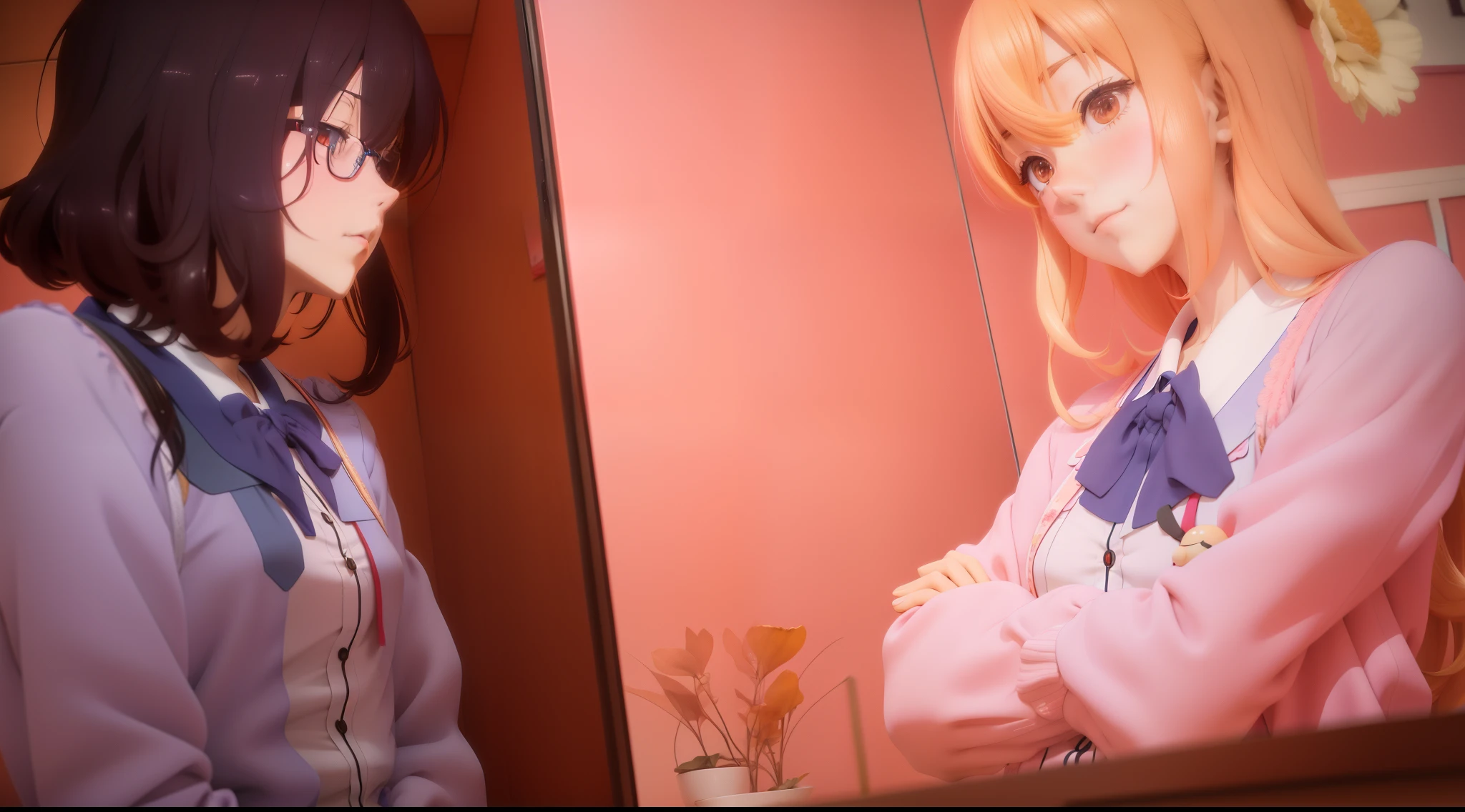 Anime characters stand in front of a mirror with their arms crossed, Kyoto animation is still, cel shaded anime, animation still, still from tv anime, Anime is still, visual novel cg, smooth anime cg art, cutscene, still from anime, screenshot from the anime film, rendered, ( ( 3D рендеринг ) ), anime film still, bottom angle