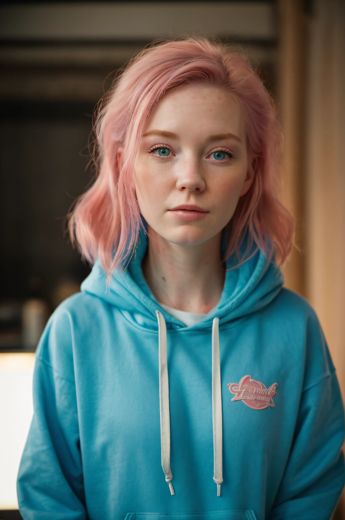 (close-up editorial photo of 20 yo woman, wearing hoodie, looking at viewer, pink hair, solo, tattoo on face, upper body, detailed background, town, alley) (standing:1.2) (dim lit room:1.4) POV, by lee jeffries, nikon d850, film stock photograph ,4 kodak portra 400 ,camera f1.6 lens ,rich colors ,hyper realistic ,lifelike texture, dramatic lighting , cinestill 800,