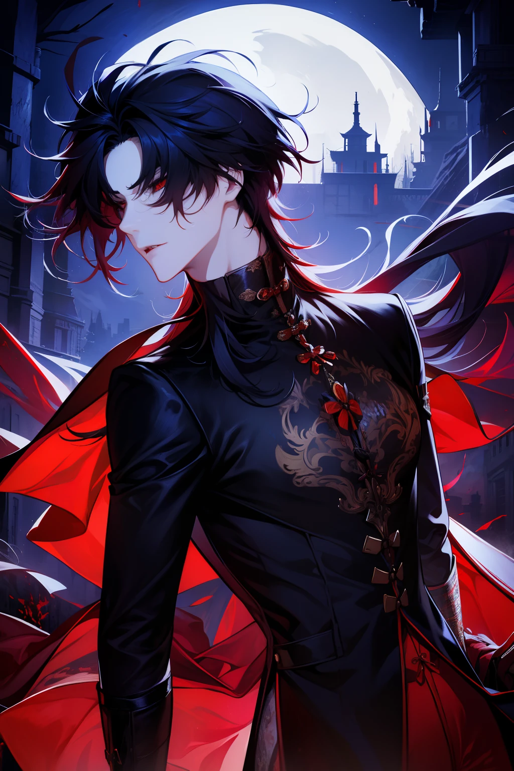 Masterpiece, Best Quality), 1 male, Adult, a handsome, hairlong, red eyes, black catsuit, Spike, forehead, upper-body, Vampire, mansion, Dark, moon light, dutch angle, Mysterious atmosphere, Fantasy, The effect of superpower, Blood effect