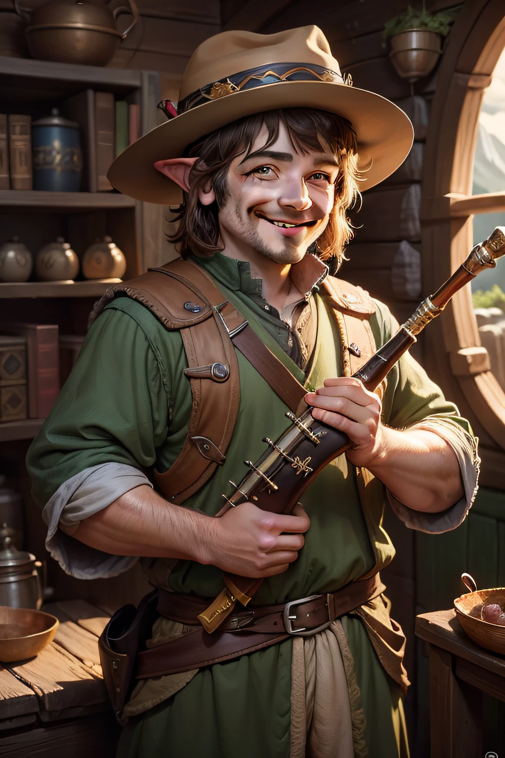 painting of a hobbit smiling, hat, holding flute, bard, smiling male bard, fan art, hobbit art, fantasy art smug smile man, in his hobbit house, dnd avatar halfling portrait, inspired by Johannes Helgeson, frodo, inspired by the Master of Affligem, smug smile