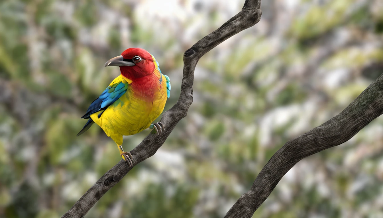 a vibrant blue green, red and yellow Forbes diamond bird that is in a tree is the main protagonist Natural realistic rendering, fotorrealista altamente detallado, render fotorrealista, Arte conceptual fotorrealista, Render hiper real, Renderizado 3D realista rojo, Aves f CGsociety, Imagen fotorrealista, fotorrealista altamente detallado, Renderizado detallado hiperrealista, Imagen detallada fotorrealista, Red bird, super detailed render, Renderizado de alta calidad
