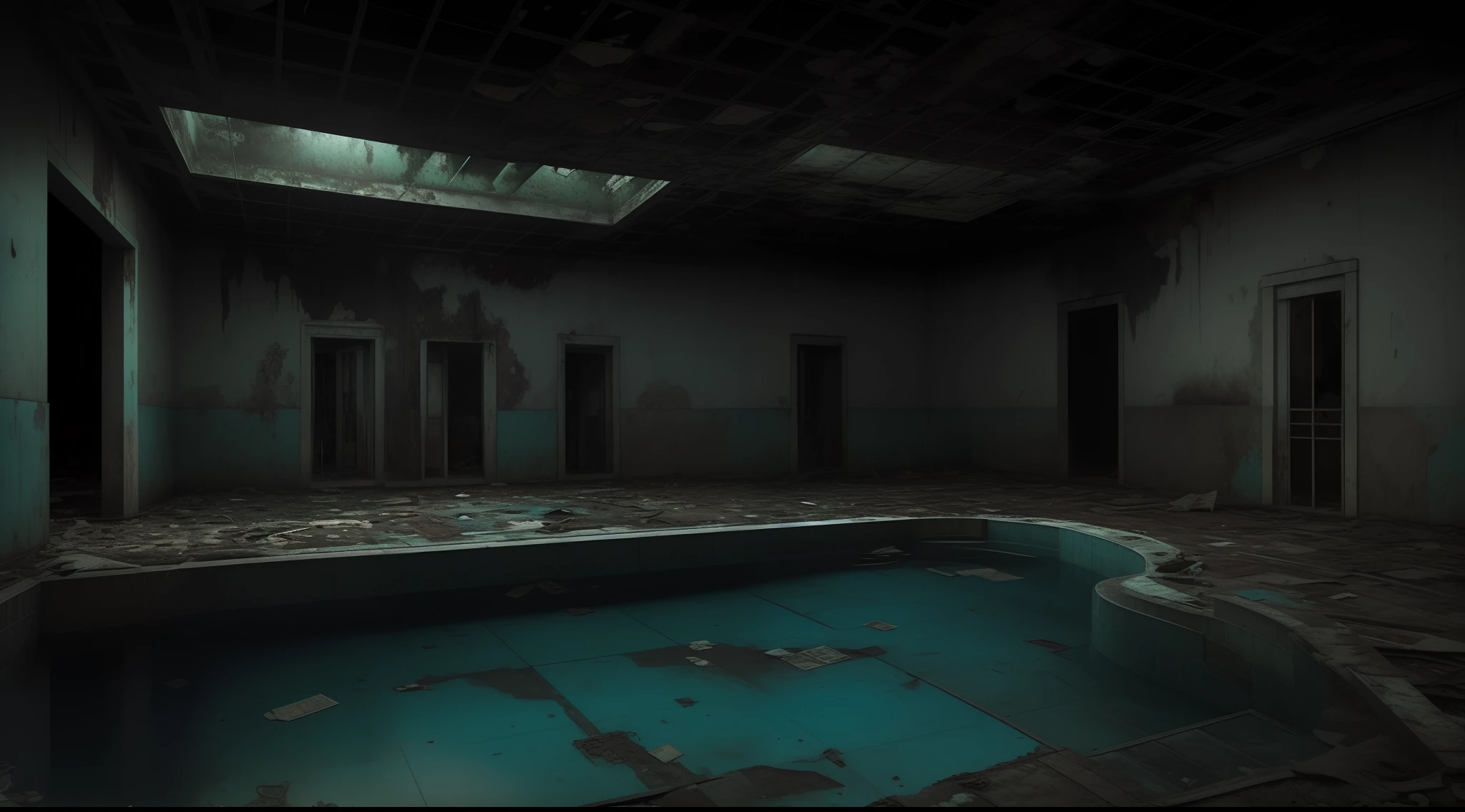local abandonado, piscina abandonada, tons escuros, atmosfera sombria, suspense, noite, dim lighting.