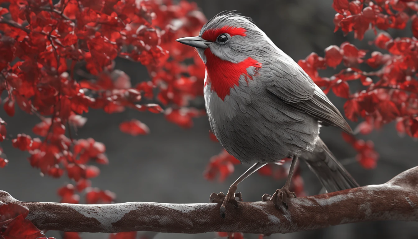 a diamond phaeton bird bright red and gray that is in a tree is the main protagonist Natural realistic rendering, fotorrealista altamente detallado, render fotorrealista, Arte conceptual fotorrealista, Render hiper real, Renderizado 3D realista rojo, Aves f CGsociety, Imagen fotorrealista, fotorrealista altamente detallado, Renderizado detallado hiperrealista, Imagen detallada fotorrealista, Red bird, super detailed render, Renderizado de alta calidad