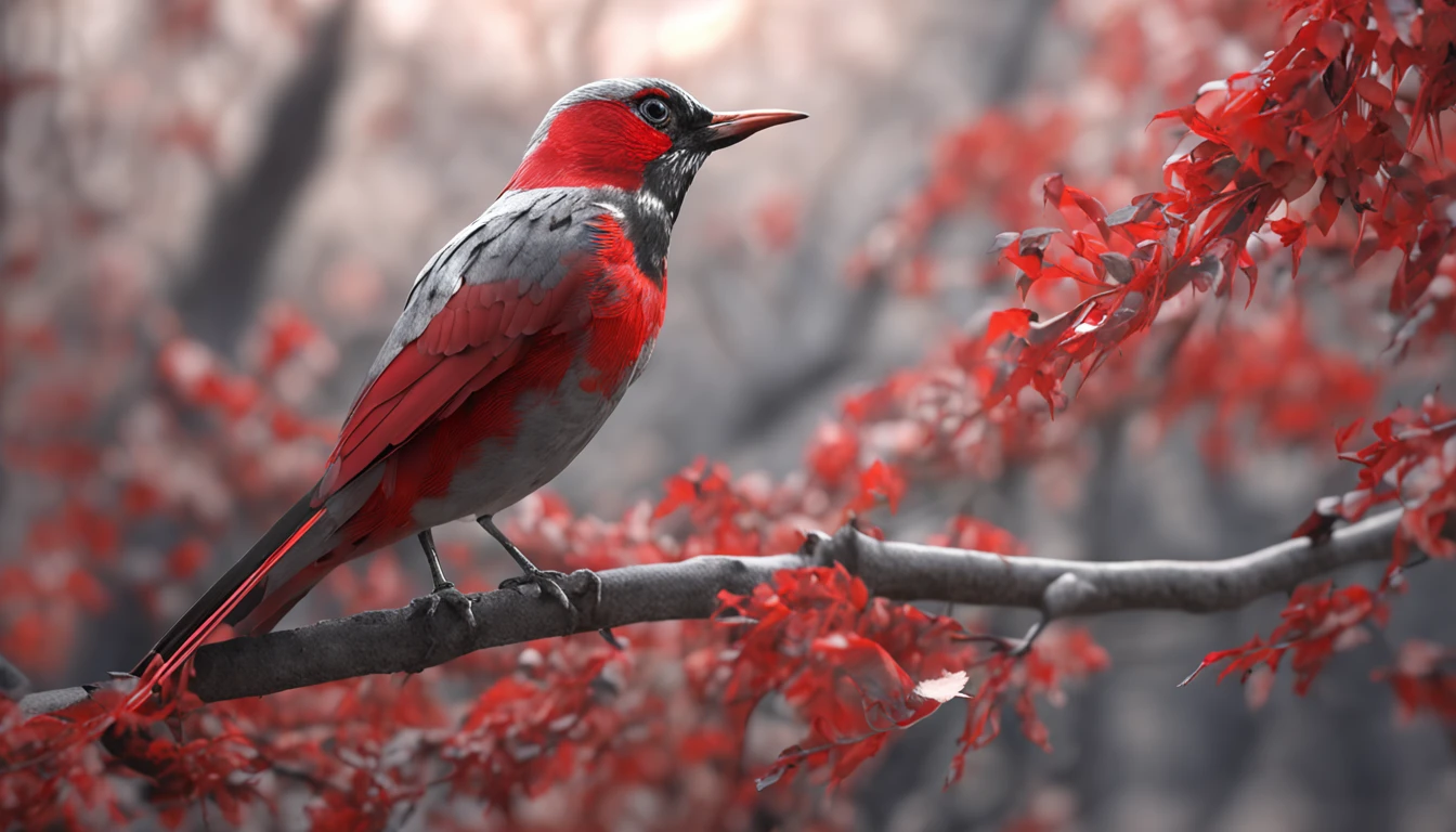 a diamond phaeton bird bright red and gray that is in a tree is the main protagonist Natural realistic rendering, fotorrealista altamente detallado, render fotorrealista, Arte conceptual fotorrealista, Render hiper real, Renderizado 3D realista rojo, Aves f CGsociety, Imagen fotorrealista, fotorrealista altamente detallado, Renderizado detallado hiperrealista, Imagen detallada fotorrealista, Red bird, super detailed render, Renderizado de alta calidad