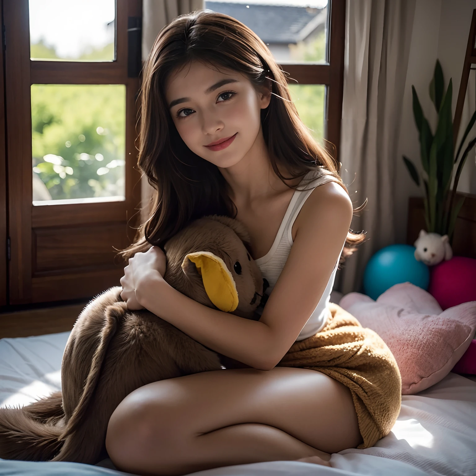 Une fillette de 12 ans tient un animal en peluche,Sit in a room full of toys,,longs cheveux noirs,cheerfulness,Rejoice,perfect quality,Objectif clair(Encombrement - Accueil:0.8), (tmasterpiece:1.2) (Realstic:1.2) (Bokeh) (beste-Qualit) (detailed skin:1.3) (complexdétails) (8k) (detailedeyes) (mise au point nette),(have fun)Clivage en gros plan