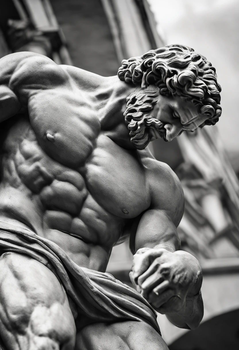 Greek muscle philosopher man statue, ultra detalhado, Breaking statues, Gym pose, preto e branco, cinematic movie photograph, foco nítido, filmagem de cinema, cena de cinema, altamente detalhado, epics, dramatic lighting, Zoom do lado esquerdo, closeup background with elements of Greece or Rome, solid black background, Fundo desfocado, Efeito bokeh, Efeito vidro quebrado, sem plano de fundo, deslumbrante, algo que nem existe, Being mythical, energia, molecular, Texturas, Escalas iridescentes e luminescentes, beleza deslumbrante, pure perfection, Divine Presence, unforgettable, atordoante, breathtaking beauty, volumetric light, Ter, raios, vivid colors,8k,