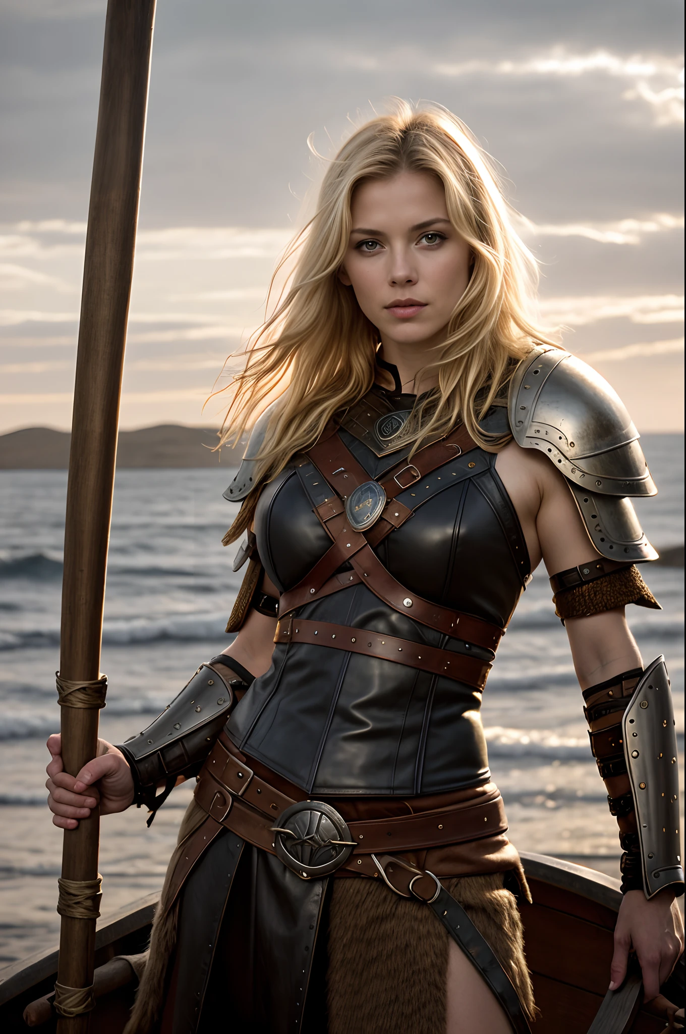 Masterpiece, a beautiful Viking woman, ((Marilyn Monroe:Michelle Pfeiffer:0.5)), (leather Viking armor), (medium breasts), (perfect body), (blonde matted hair), (short hairstyle), outside, dirty, (skin texture:1.1), best quality, ultra high res, Raw photo, Nikon D850, backlight, rimlight, bright sunlight, film grain:1.2, (warm hue, warm tone:1.2), (color photo), fantasy Viking longboat background