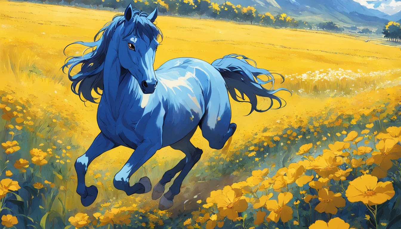 (a majestic black stallion:1.1),detailed muscles and flowing mane,galloping freely in a lush green meadow,vibrant colors with soft sunlight,realistic oil painting style,graceful and powerful movements,expressive eyes and flaring nostrils,high resolution and fine details,photorealistic rendering,professional artwork,overall warm and golden tones,natural and soft lighting,sharp focus on the horse's features