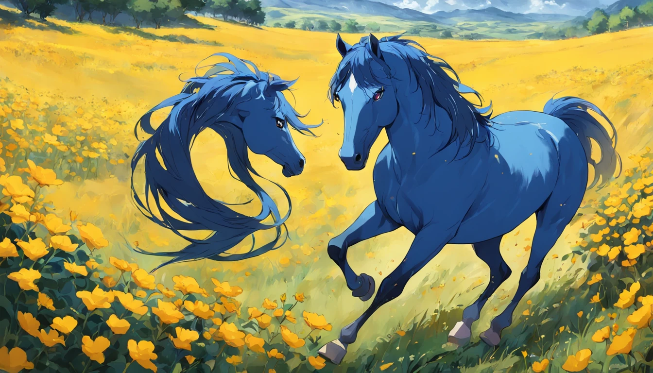 blue horse running in yellow flower field