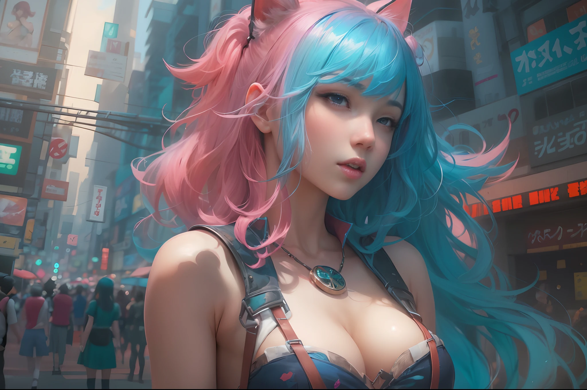 anime - style image of two women with pink and blue hair dressed in red and blue corset, posing in Akihabara for a foto shooting, Captured from a low angle, wlop and sakimichan, attractive cat girl, artwork in the style of guweiz, fantasy art style, 2. 5 d cgi anime fantasy artwork, fanart best artstation, by Yang J, trending on cgstation, wlop and ross tran, guweiz