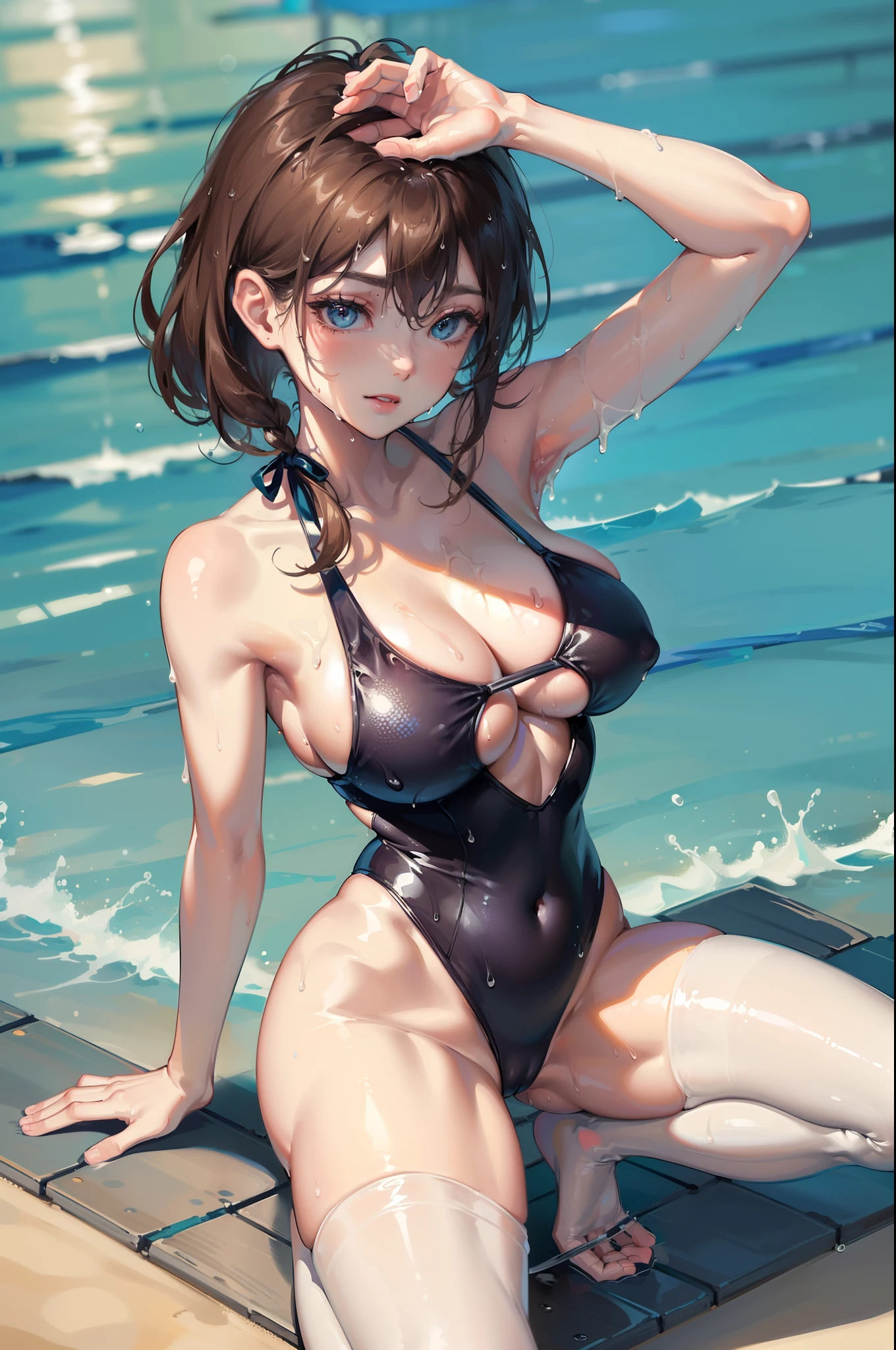 (8K、RAW Photos、top-quality、masterpiece:1.2)、(realisitic、Photorealsitic:1.37)、Girl 1 Human、、japanes、12 years old、femal、swimmingols、splash water、natural soft light、photon maping、Radio City、dark brown hair、详细的脸、Detailed lips、detailedeyes、Detailed hands、Detailed Feet、More skin、二重まぶた、(huge-breasted:1.5)、((maikurobikini))、((Wet swimsuit:1.5))、The shape of is clearly visible、(The shape of the pubic area is clearly visible)、perfectbody、(Wet body:1.5)、shinny skin、(to stand)、Open your crotch、sexypose、A smile、Make eye contact with the camera、Blue swimsuit、Swimmers、Big breasts、large full breasts、olympic swimmer、femal1The human、Solid blue swimsuit、Soft milk、Beautiful leg line、Exposed cleavage、masterpiece、top-quality、超A high resolution、Arms behind your head、Raise both hands、Pose to show armpits by raising both hands、Squatting open legs、Fold your hands behind your head、swimsuit shiny、ratex、panthyhose、sexy pose、Tie your hair behind your head、pantyhose
