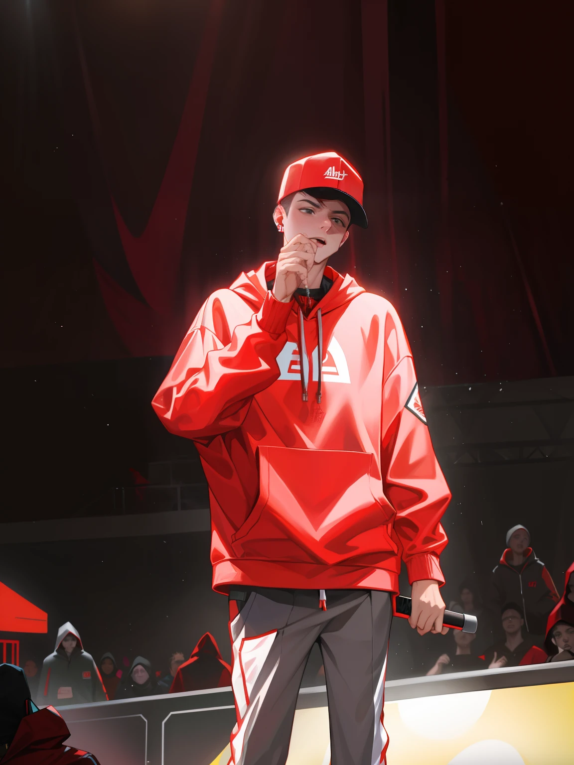arafed man in a red hoodie standing in front of a bike, yung lean, bladee from drain gang, red hoodie, wearing a red hoodie, wearing a scarlet hoodie, profile shot, on stage, wearing a hoody, wearing a red backwards cap, bad bunny, pete davidson, on the stage, mac miller, jimin, performing on stage, concert photo