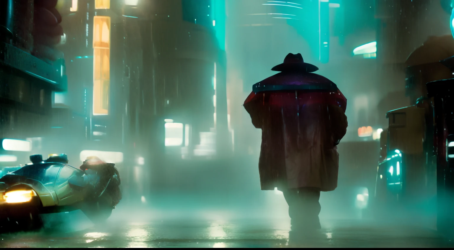 arafed image of a man in a hat and coat standing in the rain, bladerunner in the rain, blade runner 2049 style, style of blade runner 2049, like a scene from blade runner, in the style of blade runner, in lighting of blade runner 2049, blade runner film style, blade runner lighting