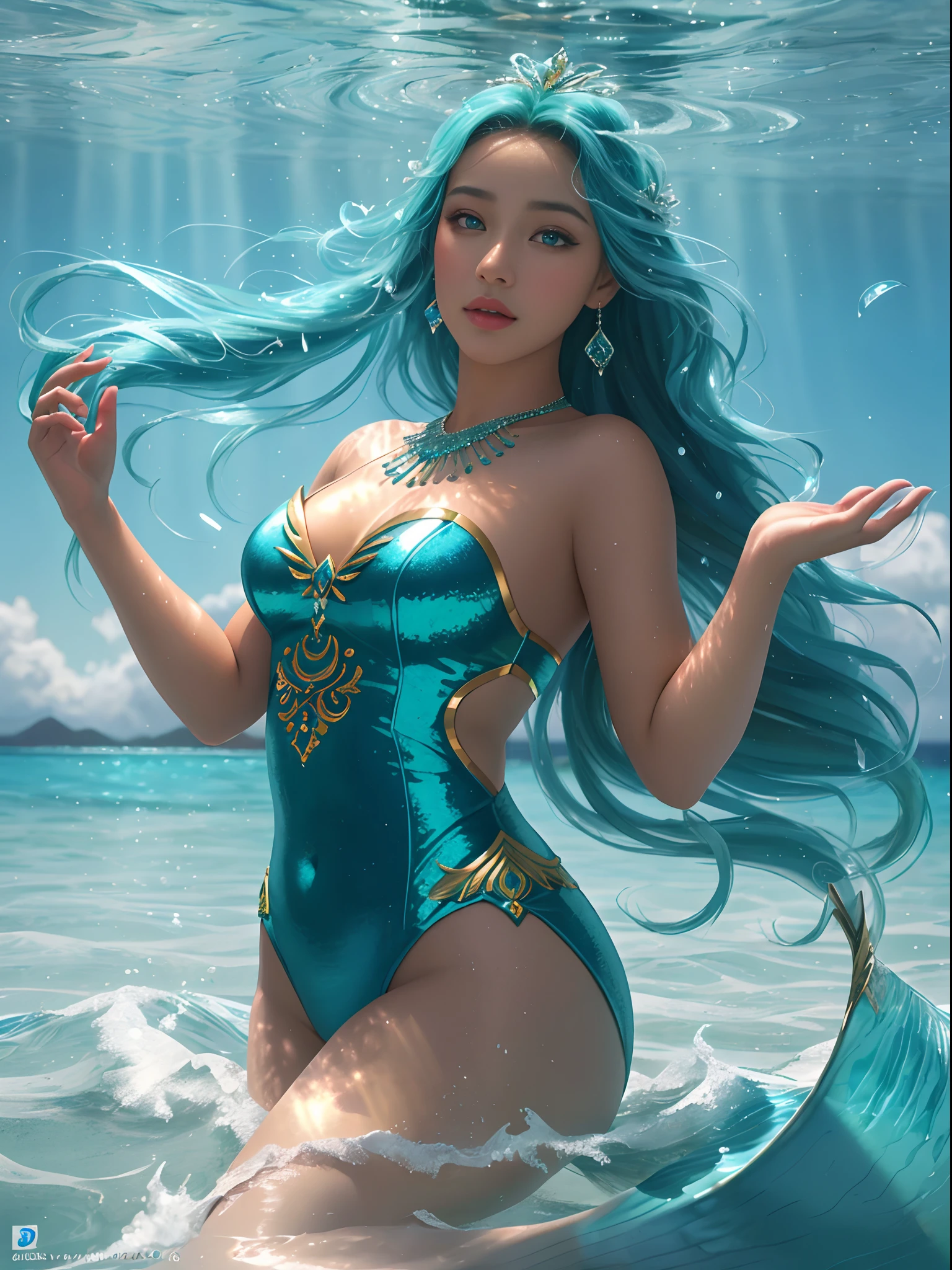 beautiful mermaid with perfect body, beautiful eyes, perfect mouth, seductive body, perfect hands, dynamic underwater pose, flowing tail, Seadance by Vasily Efimov, in Dynamic Energy Flow style, lyrical style, aquamarine, clifford's casket, image uhd, flowing brushstrokes, evelyn de morgan, papel de parede unificado 8k, super detalhado, handsome and aesthetic, corpo lindo de sereia, water green and turquoise, belo, obra-prima, melhor qualidade, foto super fina, melhor qualidade, super high res, realismo em foto, luz solar, retrato de corpo inteiro, amazing beauty, dinamic pose, rosto delicado, olhos vibrantes, (da frente), lindo, branco leitoso, pele altamente detalhada, detalhes realistas da pele, visible pores, foco nítido, Volumetric mist, 8k uhd, DSLR, alta qualidade, grain of film, pele clara, Foto realism